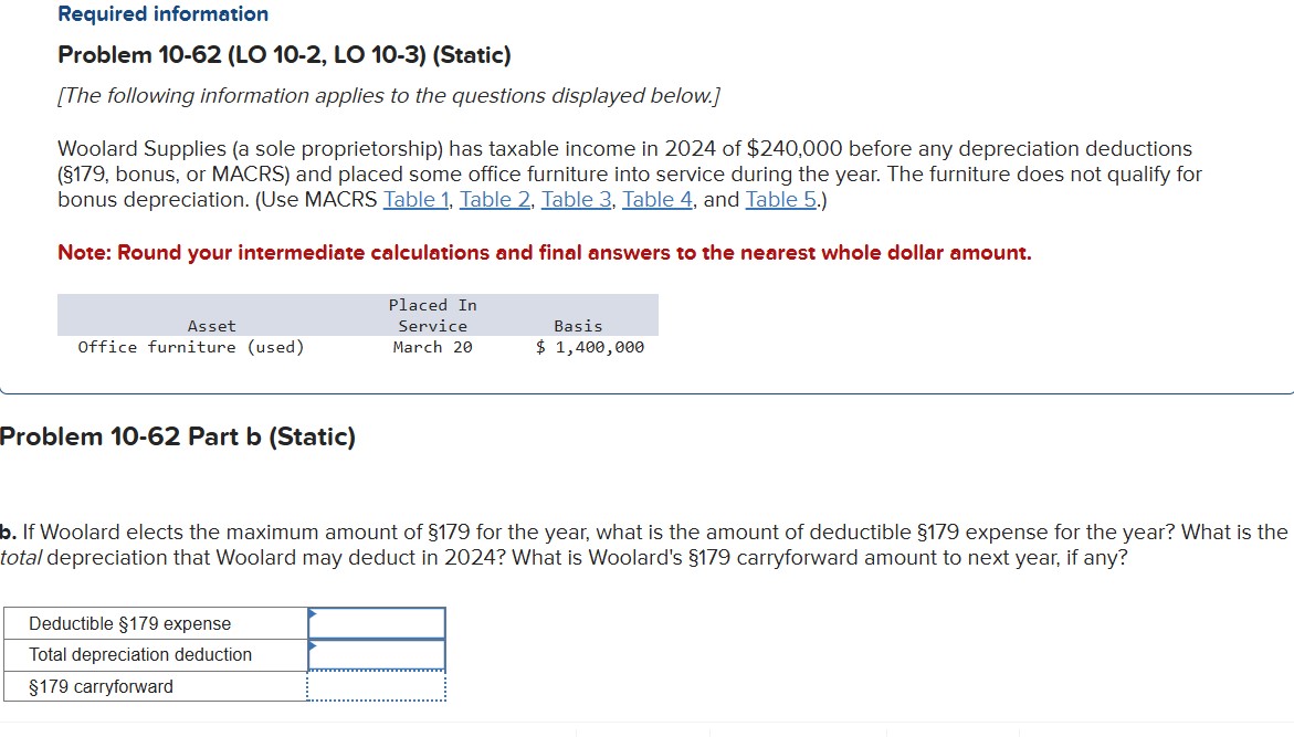  Required information Problem 10-62(LO 10-2, LO 10-3)(Static) [The following information applies