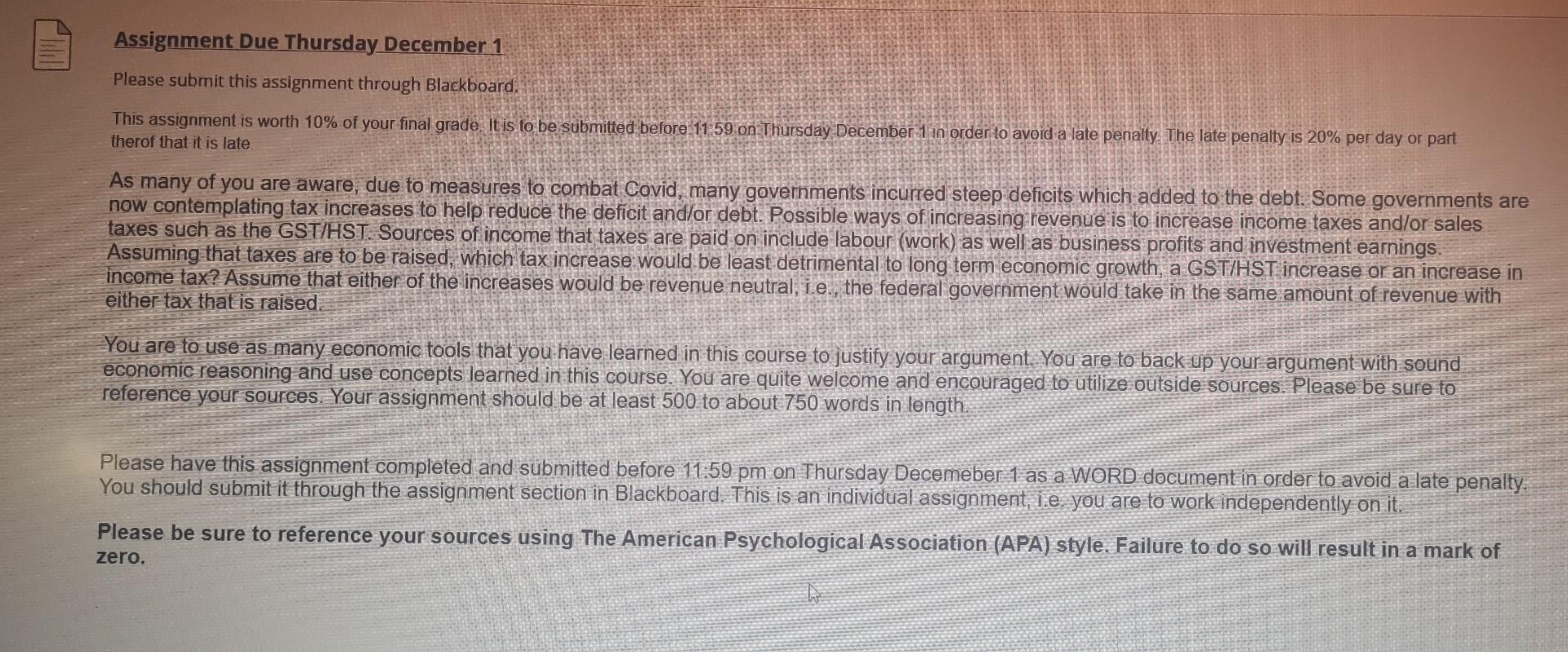 Assignment Due Thursday December 1 Please submit this assignment through Blackboard.