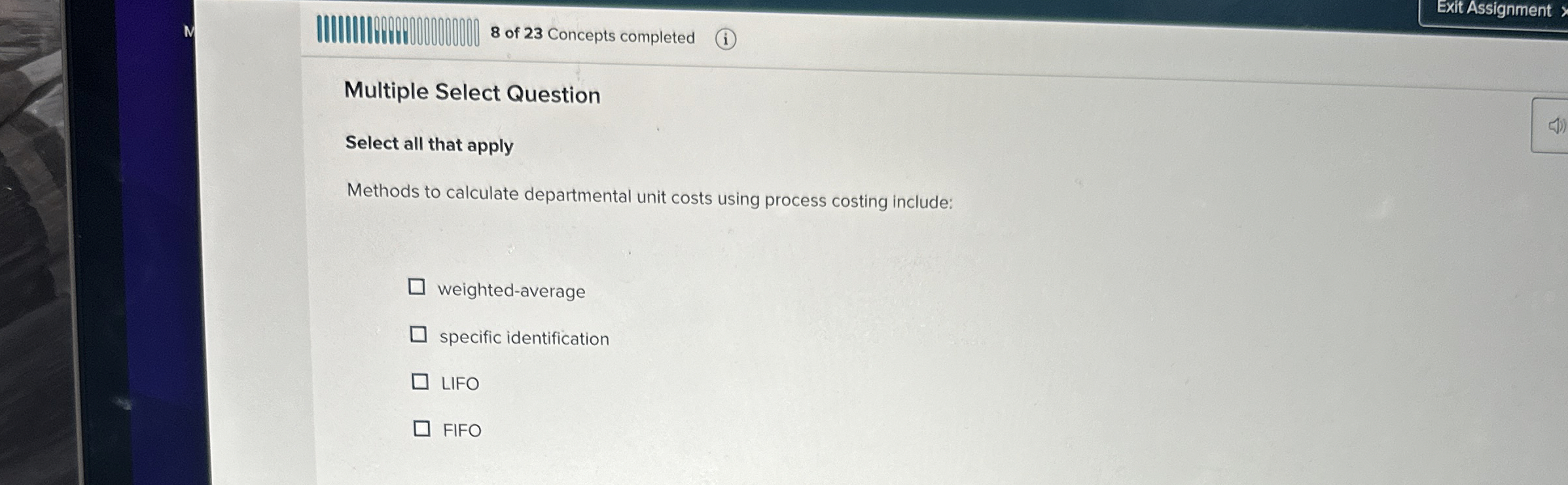  Multiple Select Question Select all that apply Methods to calculate departmental