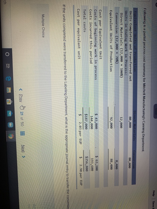  Help Seve Following is a partial process cost summary for Mitchell