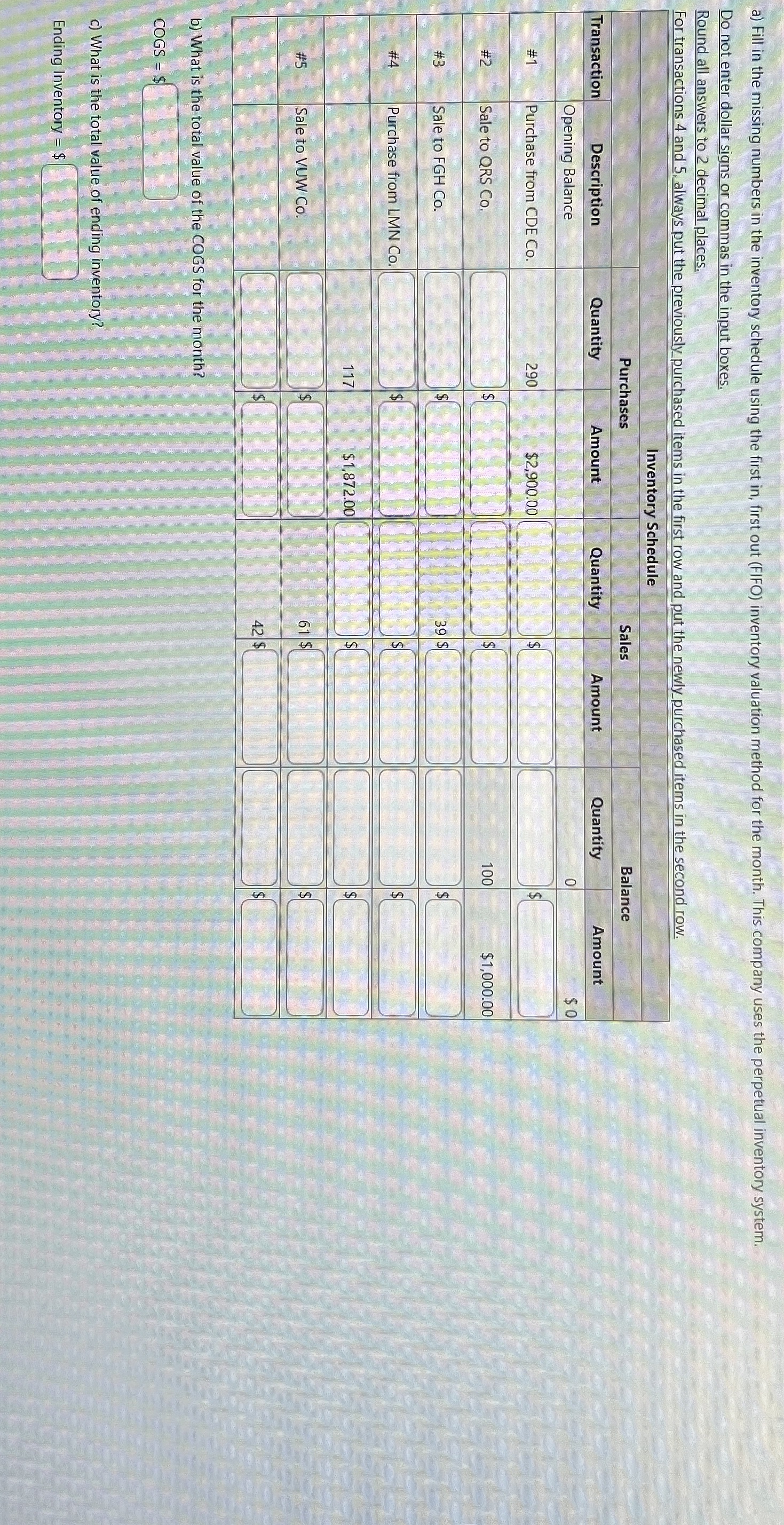  a) Fill in the missing numbers in the inventory schedule using