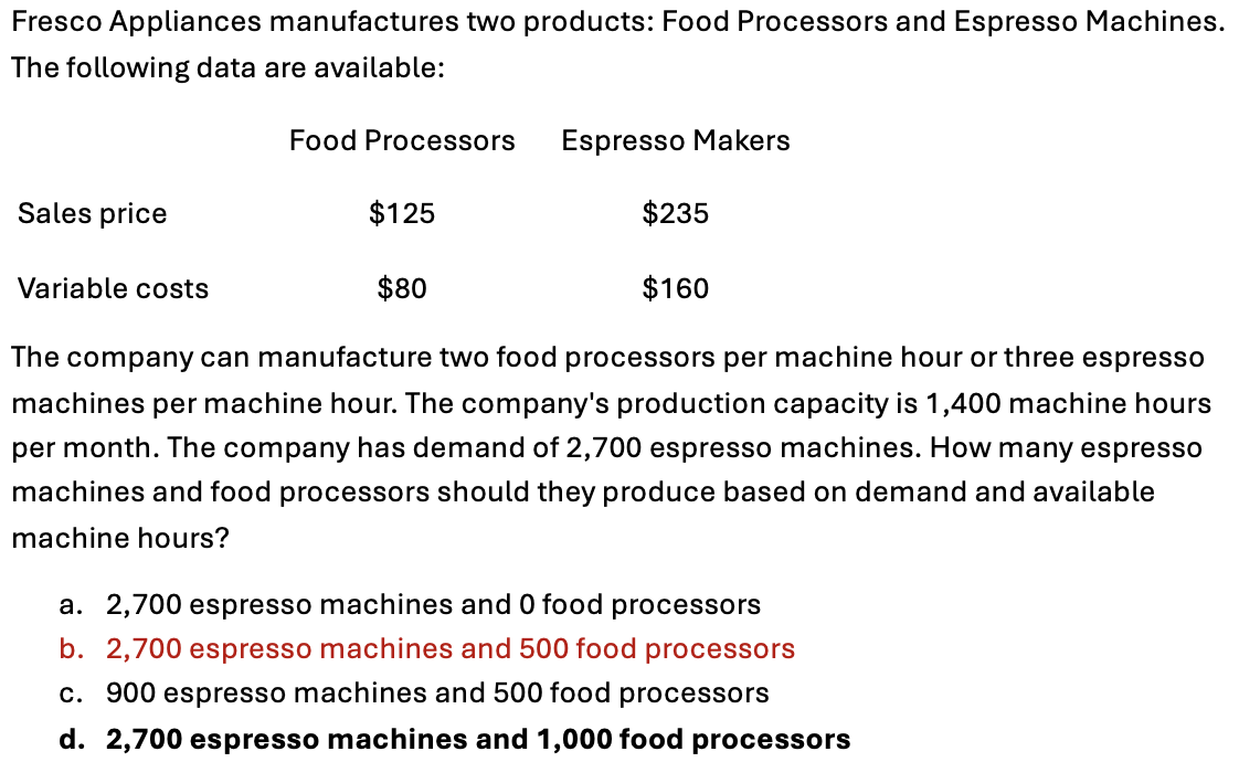  The right answer is 2,700 espresso machines and 1,000 food processors,
