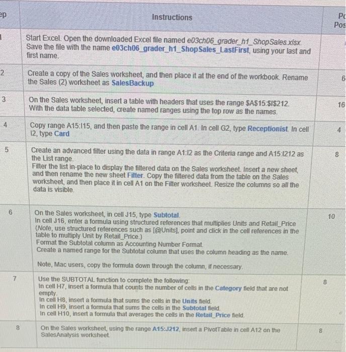  Instructions Start Excel. Open the downloaded Excel file named e03ch06_grader h1_ShopSales.xisx.