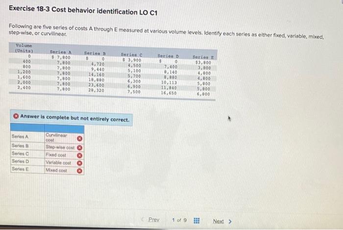  Exercise 18-3 Cost behavior identification LO C1 Following are five series