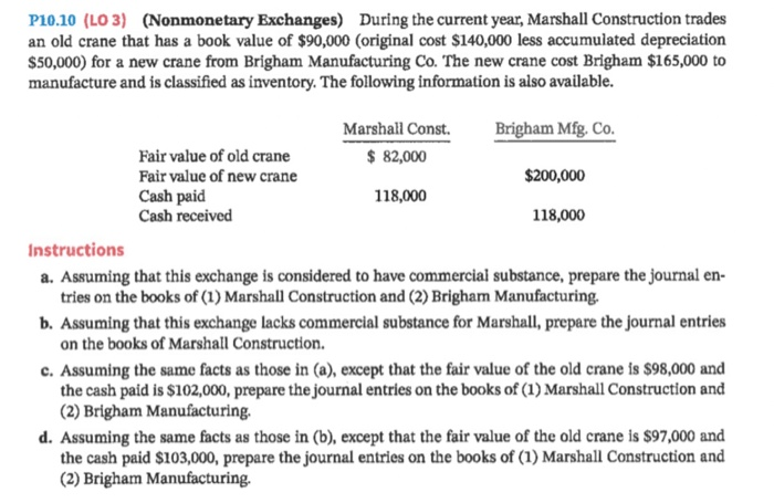  P10.10 (LO3) (Nonmonetary Exchanges) During the current year, Marshall Construction trades