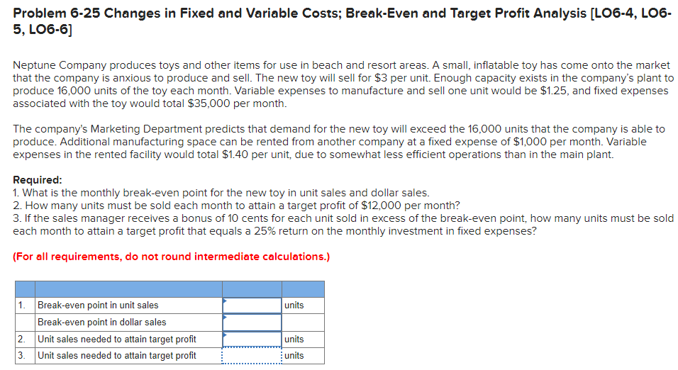  Problem 6-25 Changes in Fixed and Variable Costs; Break-Even and Target
