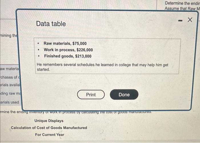  Data table - Raw materials, $75,000 - Work in process, $226,000