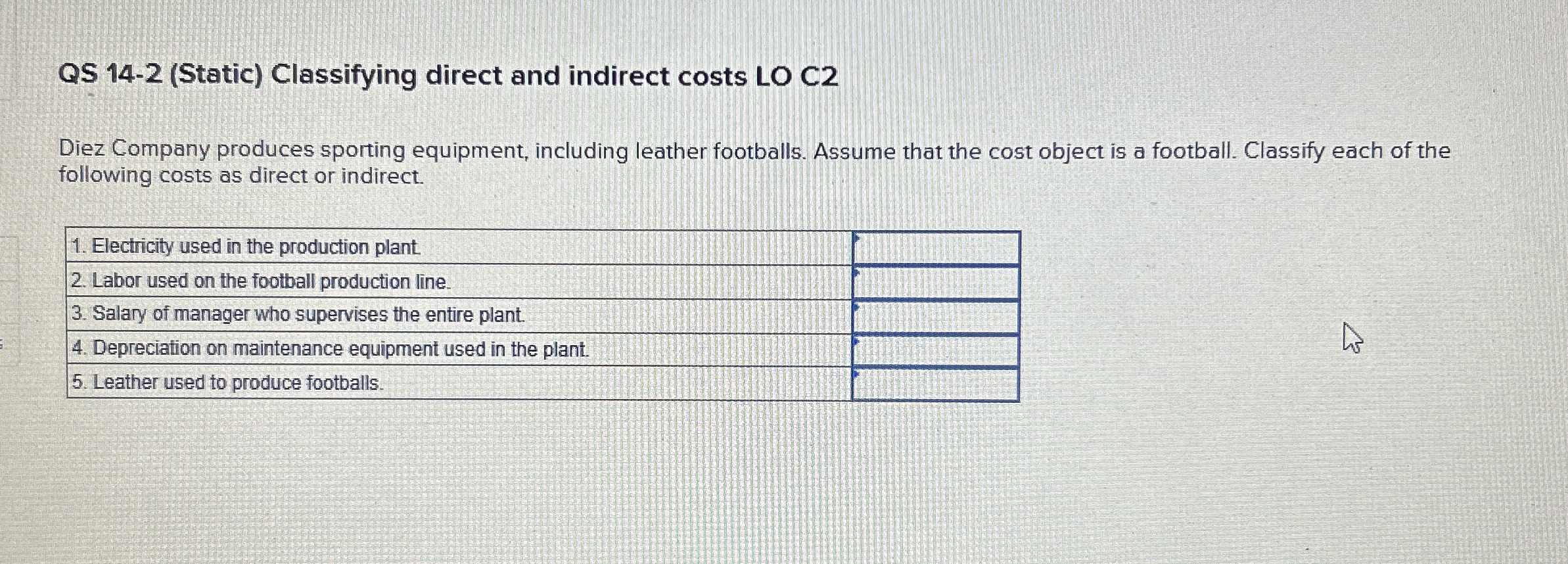  QS 14-2(Static) Classifying direct and indirect costs LO C2 Diez Company