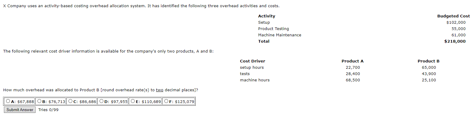 X Company uses an activity-based costing overhead allocation system. It has