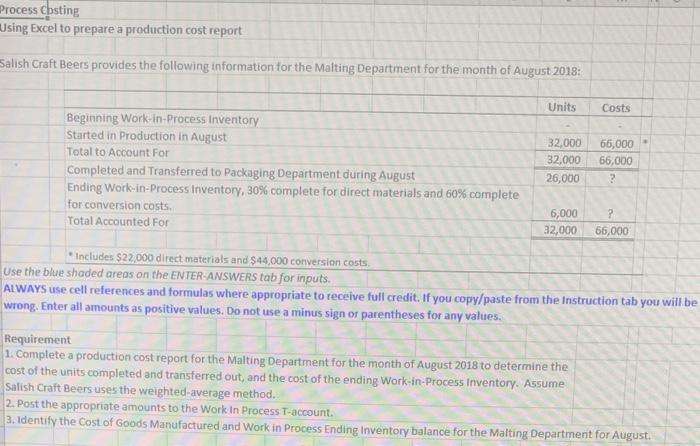 Process Costing Using Excel to prepare a production cost report Salish Craft