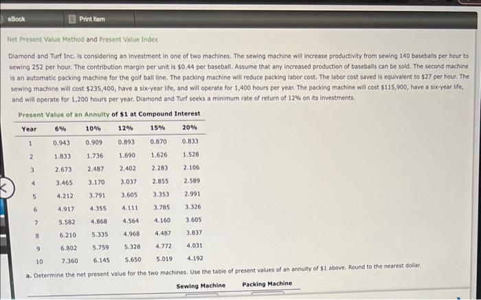  Net Present Value Method and Present Value Index Diamond and Turf