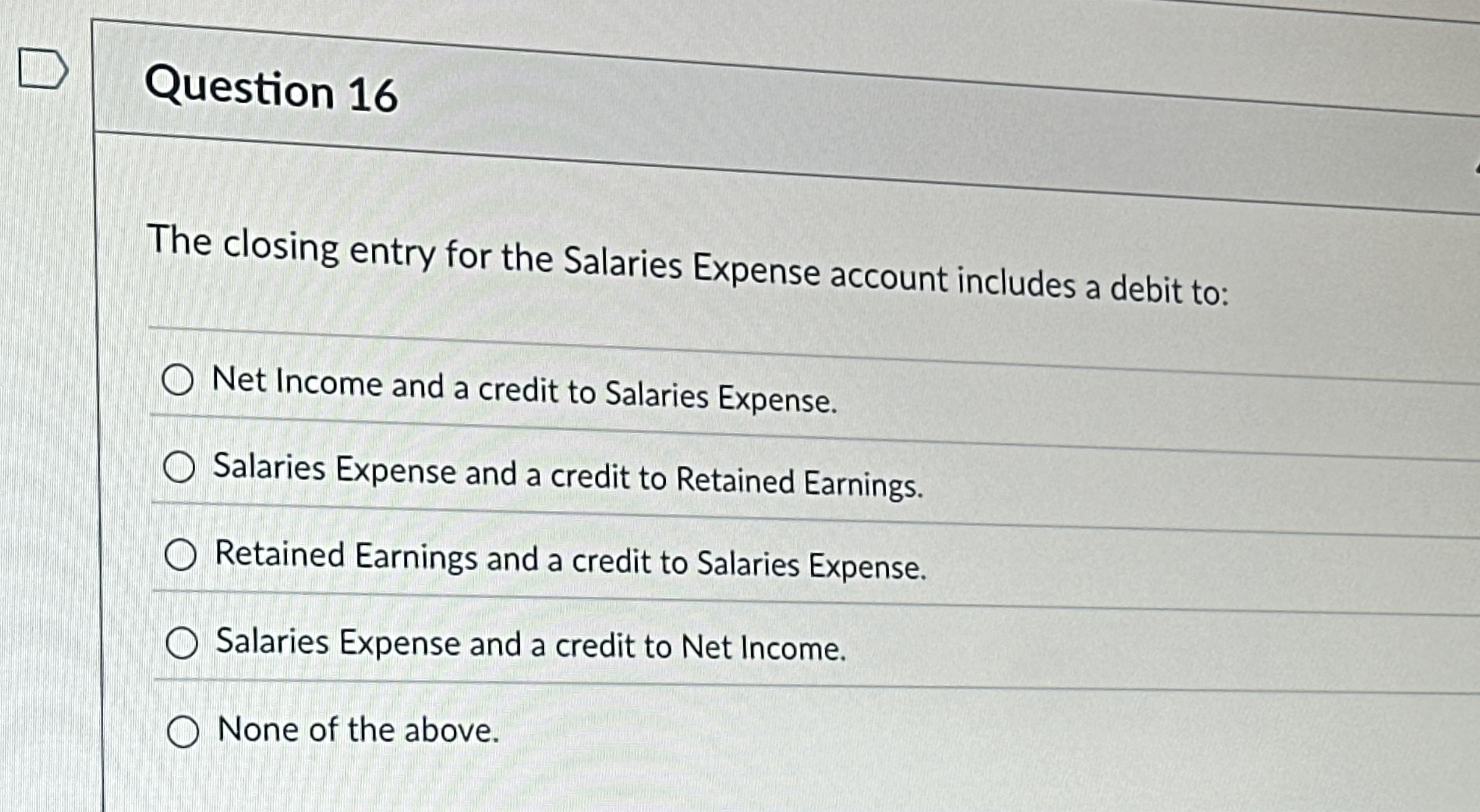  Question 16 The closing entry for the Salaries Expense account includes