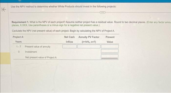  Use the NPV method to determine whether White Products should invest