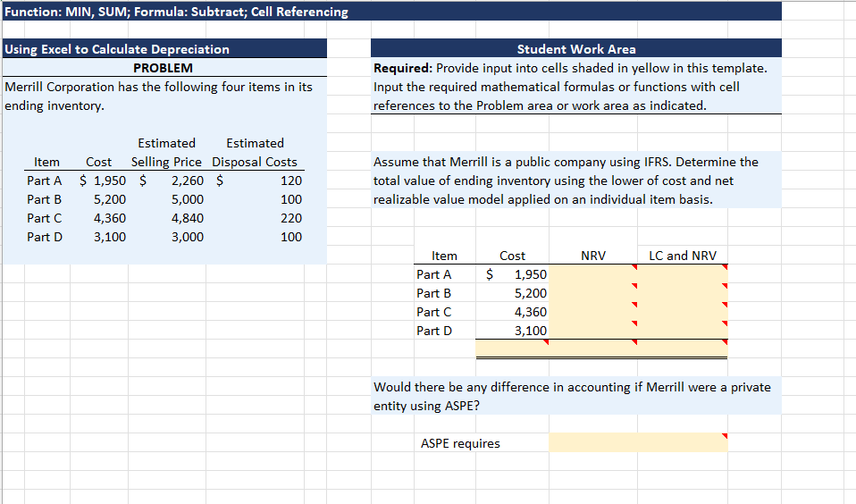  Function: MIN, SUM; Formula: Subtract; Cell Referencing Using Excel to Calculate