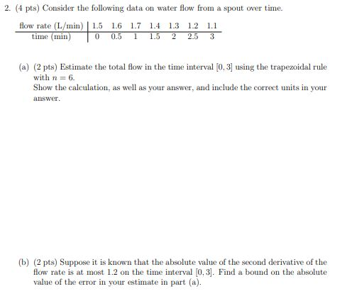 2. (4 pts) Consider the following data on water flow from