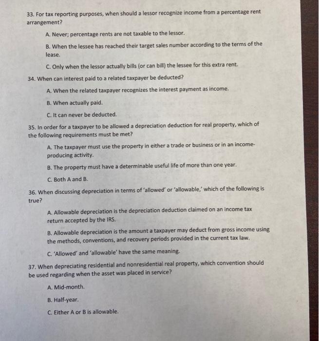  33. For tax reporting purposes, when should a lessor recognize income