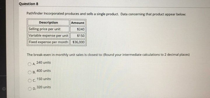 and sells a single product. Data concerning that product appear below. $300