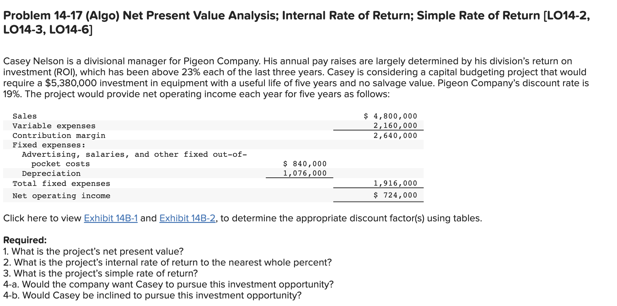 Problem 14-17 (Algo) Net Present Value Analysis; Internal Rate of Return;