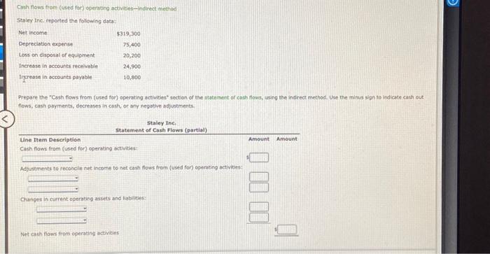  Cosh flows from (used for) openting actvities-ind rect method 5taley Ine.