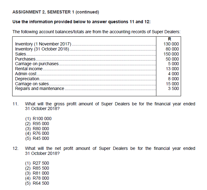 ASSIGNMENT 2, SEMESTER 1 (continued) Use the information provided below to