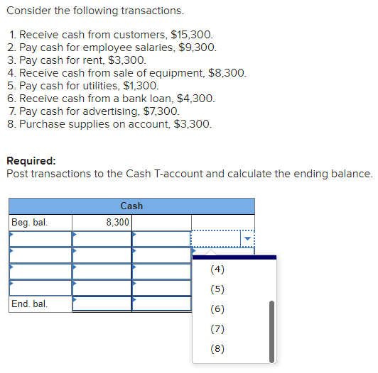 Consider the following transactions. 1. Receive cash from customers, $15,300. 2. Pay