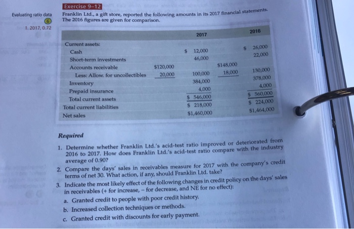  Exercise 9-12 Franklin Ltd., a gift store, reported the following amounts