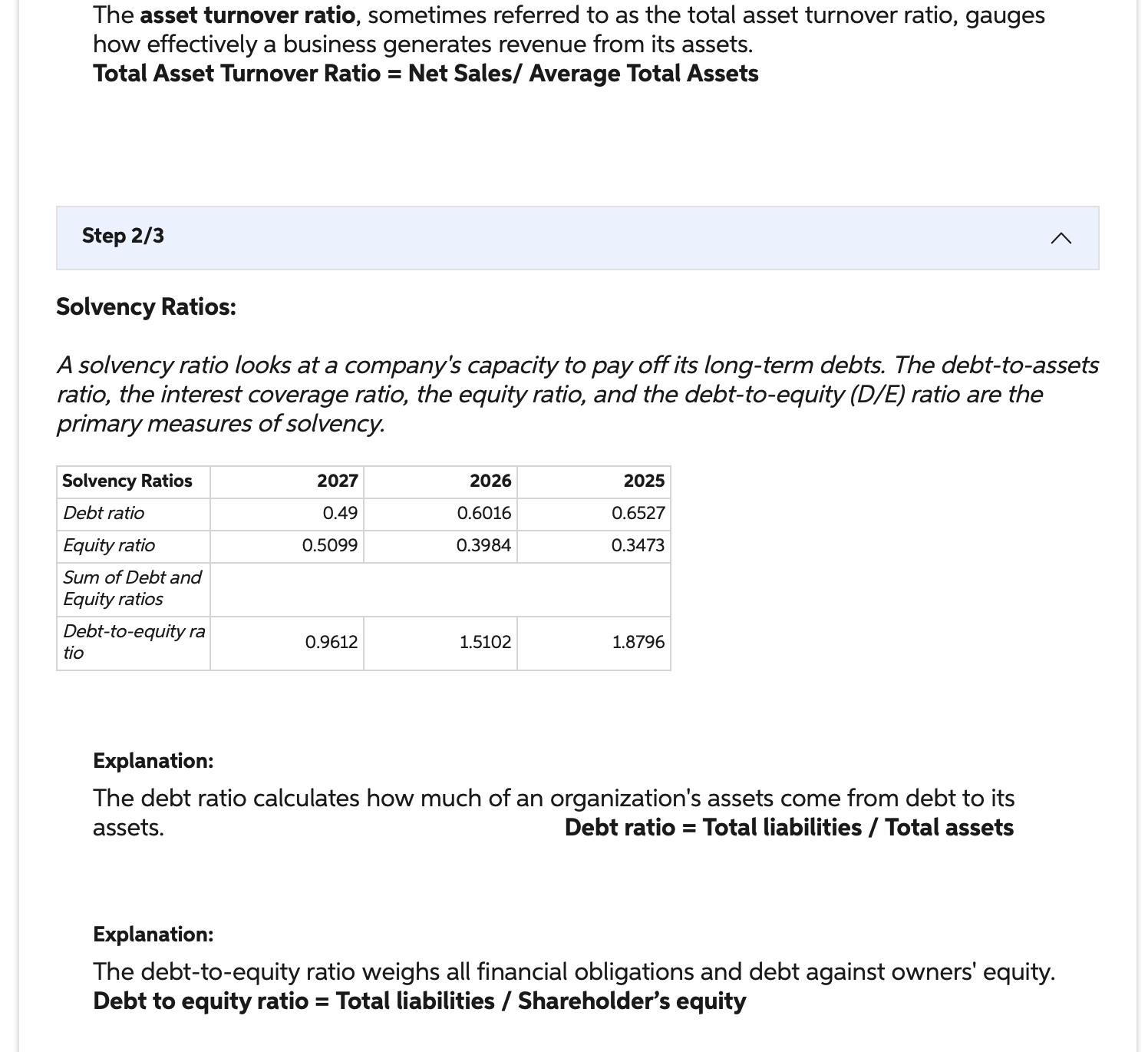 Efficiency } \\ \hline \multicolumn{4}{|l|}{ Current ratio } \\ \hline \multicolumn{4}{|l|}{ Acid-test