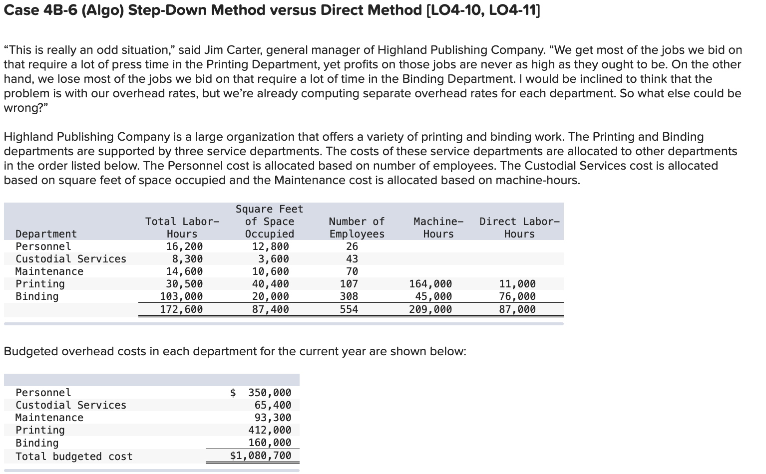 Case 4B-6 (Algo) Step-Down Method versus Direct Method (LO4-10, LO4-11) This