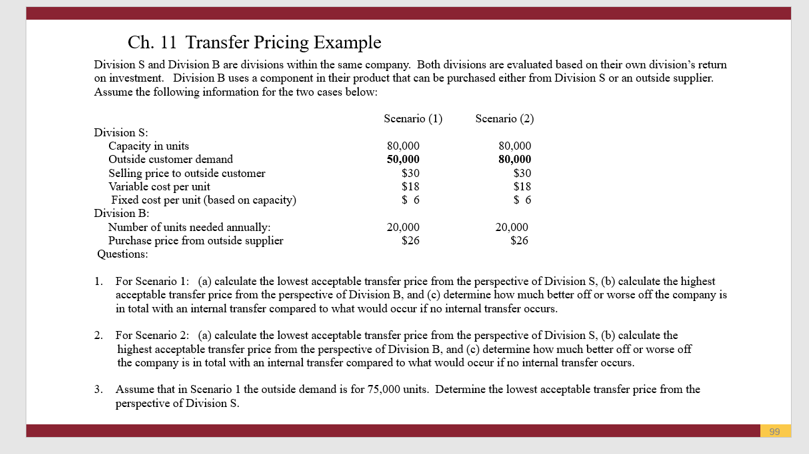 Ch. 11 Transfer Pricing Example Division S and Division B are