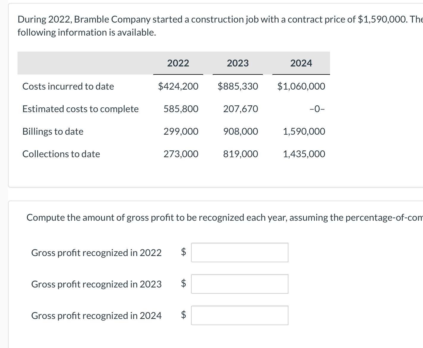  During 2022, Bramble Company started a construction job with a contract