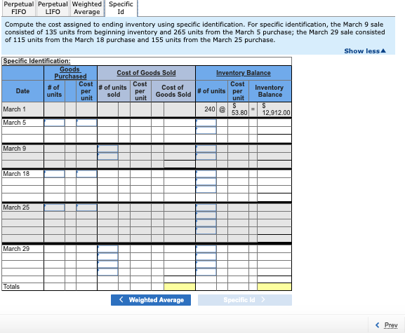 Mar. 29 Sales Units Acquired at Cost 240 units @ $53.80 per