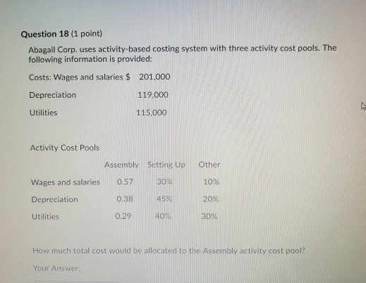  Question 18 (1 point) Abagail Corp. uses activity-based costing system with
