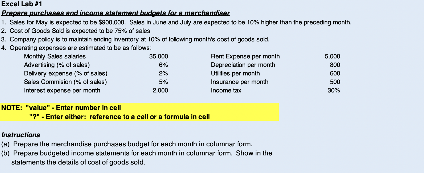 undefined Excel Lab #1 Prepare purchases and income statement budgets for a