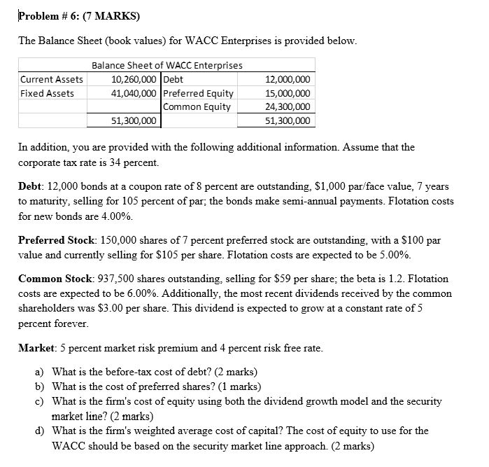  Problem #6: (7 MARKS) The Balance Sheet (book values) for WACC