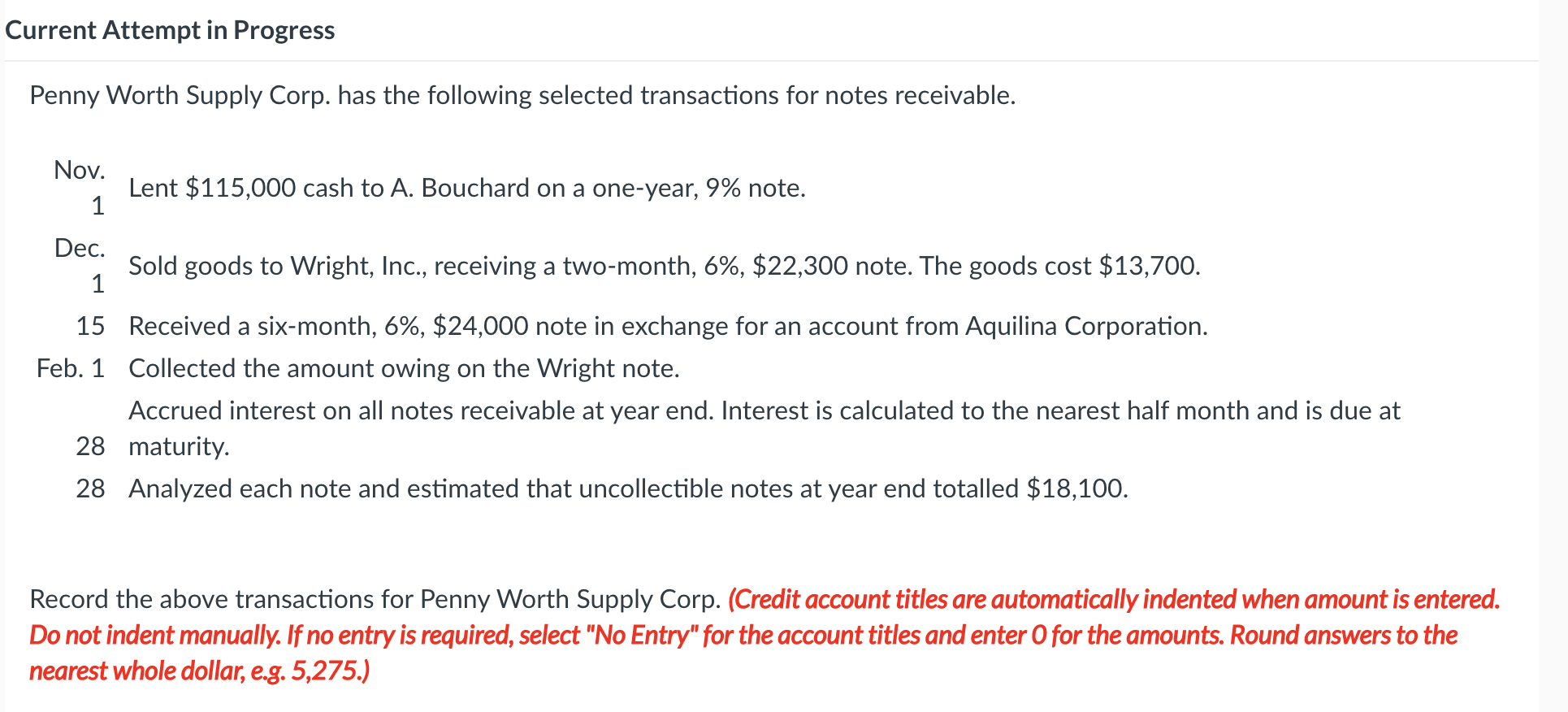 Current Attempt in Progress Penny Worth Supply Corp. has the following
