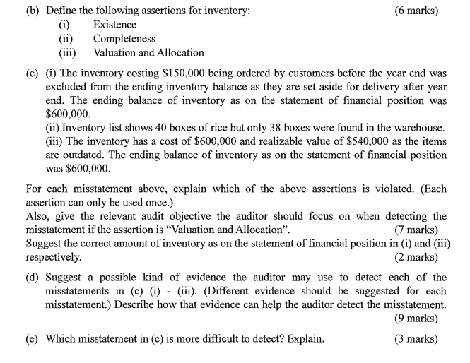  (b) Define the following assertions for inventory: (6 marks) (i) Existence