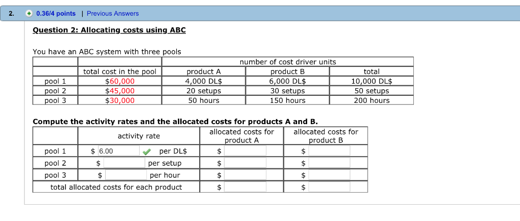 2. 0.36/4 points| Previous Answers Question 2: Allocating costs using ABC