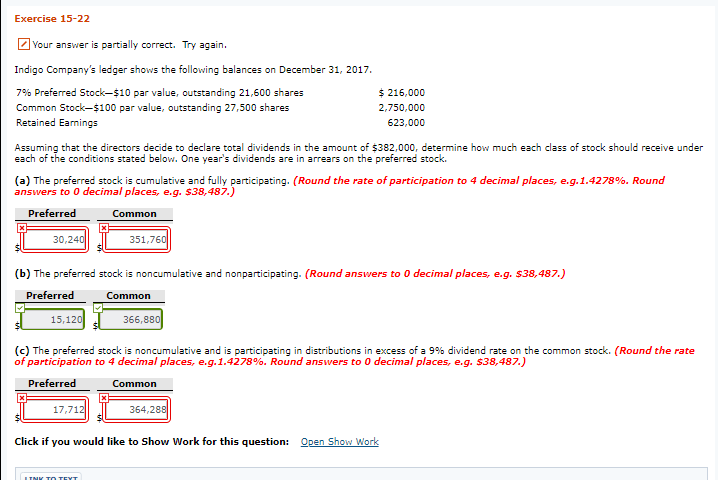 Exercise 15-22 Your answer is partially correct. Try again Indigo Company's