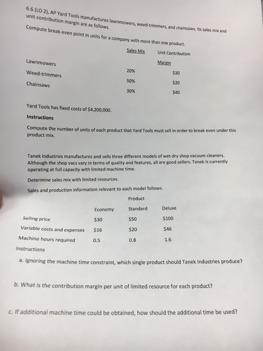 6.6 (LO 2), AP Yard Tools lawnmowers unit contribution margin are