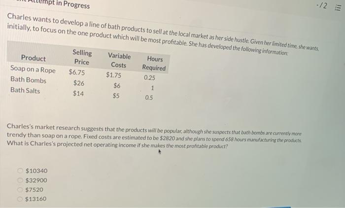  -12 E in Progress Charles wants to develop a line of