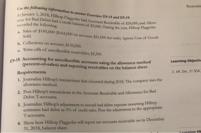  nformation to answer Exercises E9-18 and E9-19. , lanuary 1,2018, Hilltop