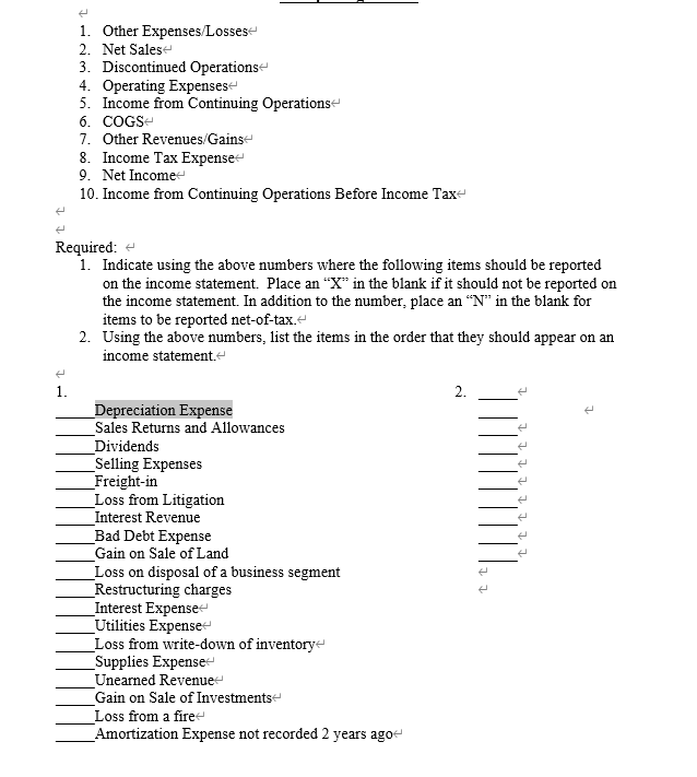  Indicate using the above numbers where the following items should be