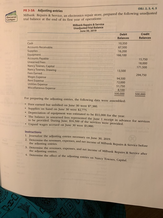  OBJ. 2, 3, 4,5 PR 3-3A Adjusting entries Ledger trial balance