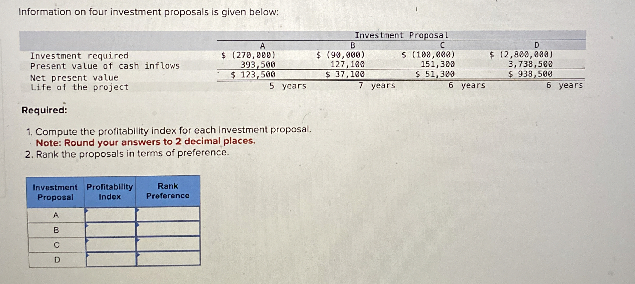  Information on four investment proposals is given below: \table[[\table[[Investment required],[Present value