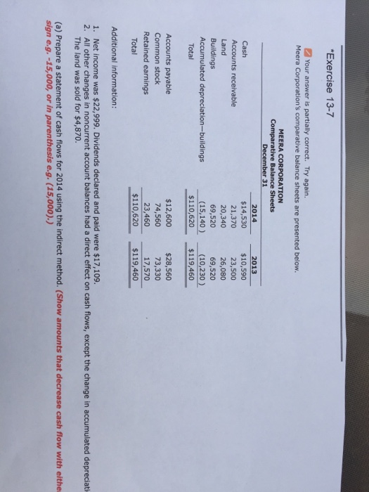  Exercise 13-7 Your answer is partially correct. Try again. Meera Corporation's