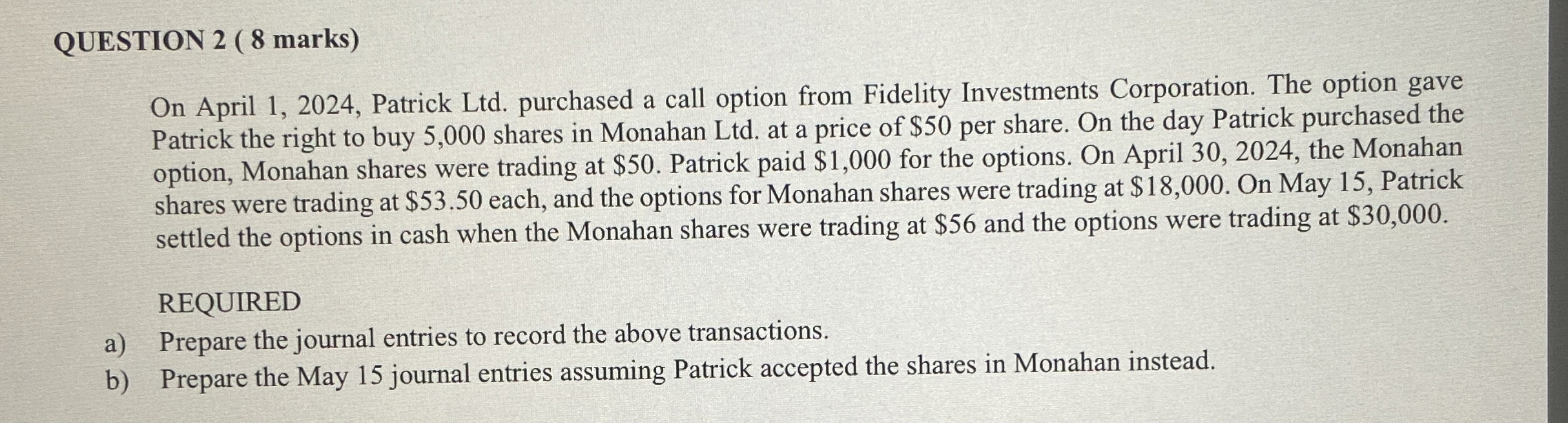  QUESTION 2(8 marks) On April 1,2024, Patrick Ltd. purchased a call