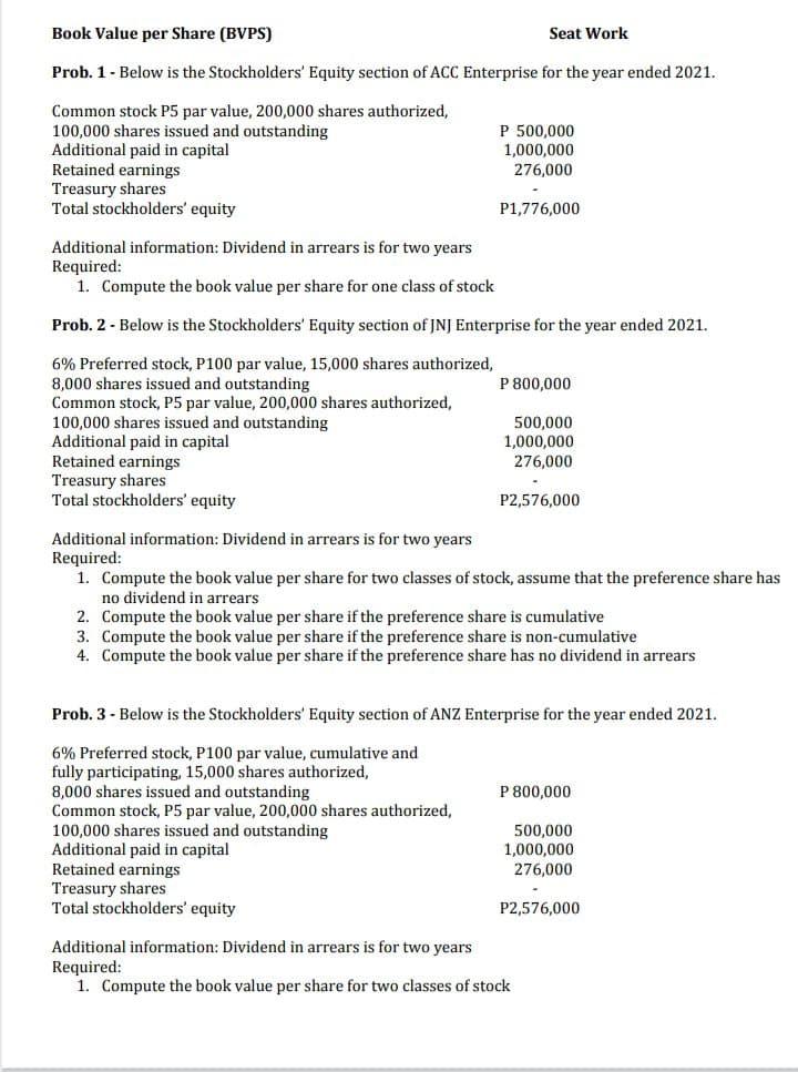 Book Value per Share (BVPS) Seat Work Prob. 1 - Below