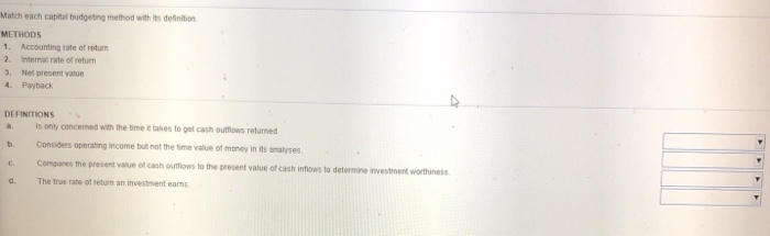  Match each capital budgeting method with its definition METHODS 1. Accounting