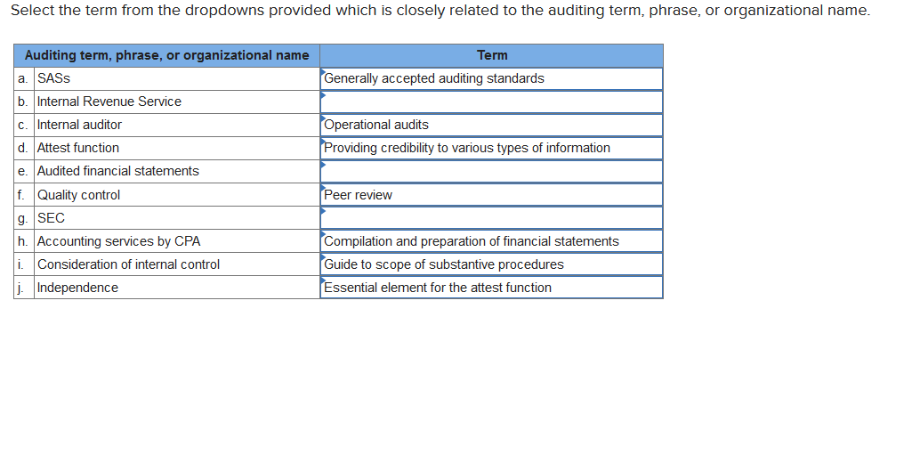  Select the term from the dropdowns provided which is closely related