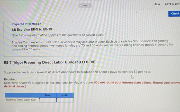  Saved Help Save & Exit Check Required information SB Exercise E8-5